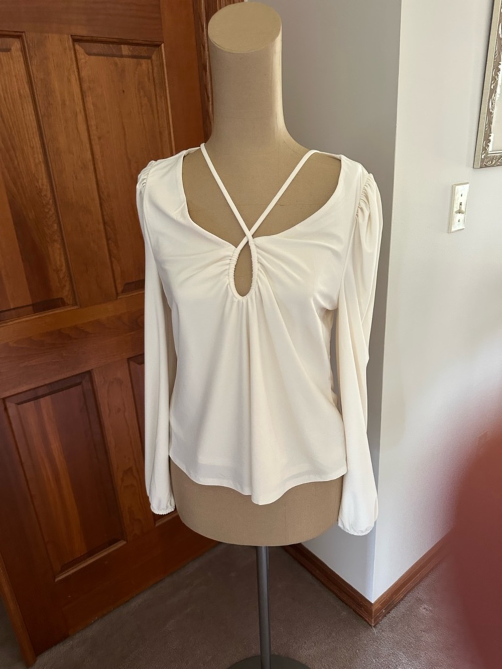 Express Cream Long-Sleeve Keyhole Top with Strappy Neckline